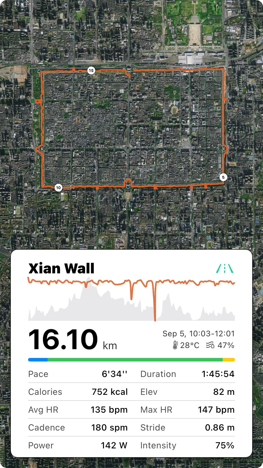 Tall story-shaped card: the satellite map above a dark panel with the run name, 16.10 km, date, weather, the zone bar and nine metrics including Max HR, Cadence, Stride and Power