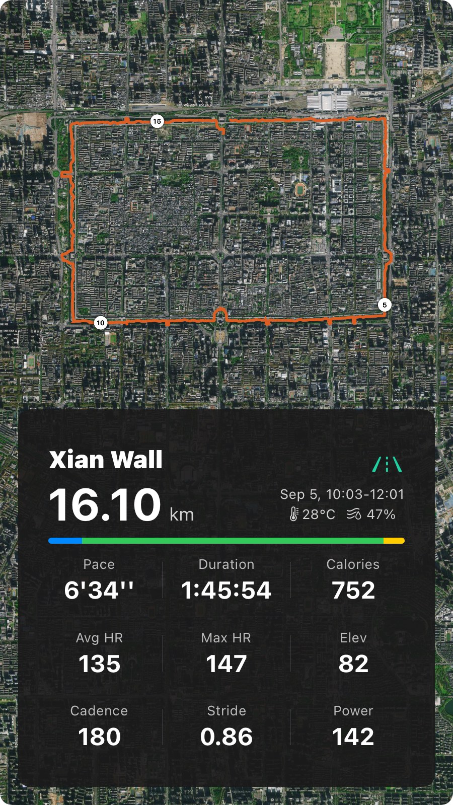 Tall story-shaped card: the satellite map above a white panel with a heart rate trace drawn over the elevation profile, then the run name, date, weather, zone bar and a ten-metric table