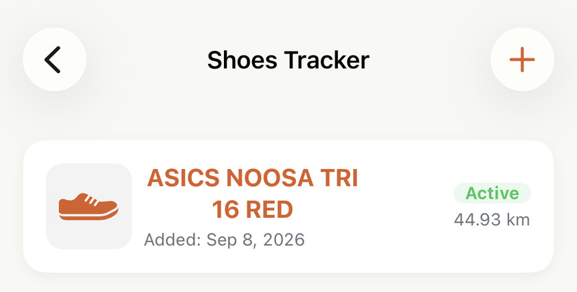Apex Run's Shoes Tracker screen with one pair listed: ASICS NOOSA TRI 16 RED, added Sep 8 2026, an Active badge and 44.93 km