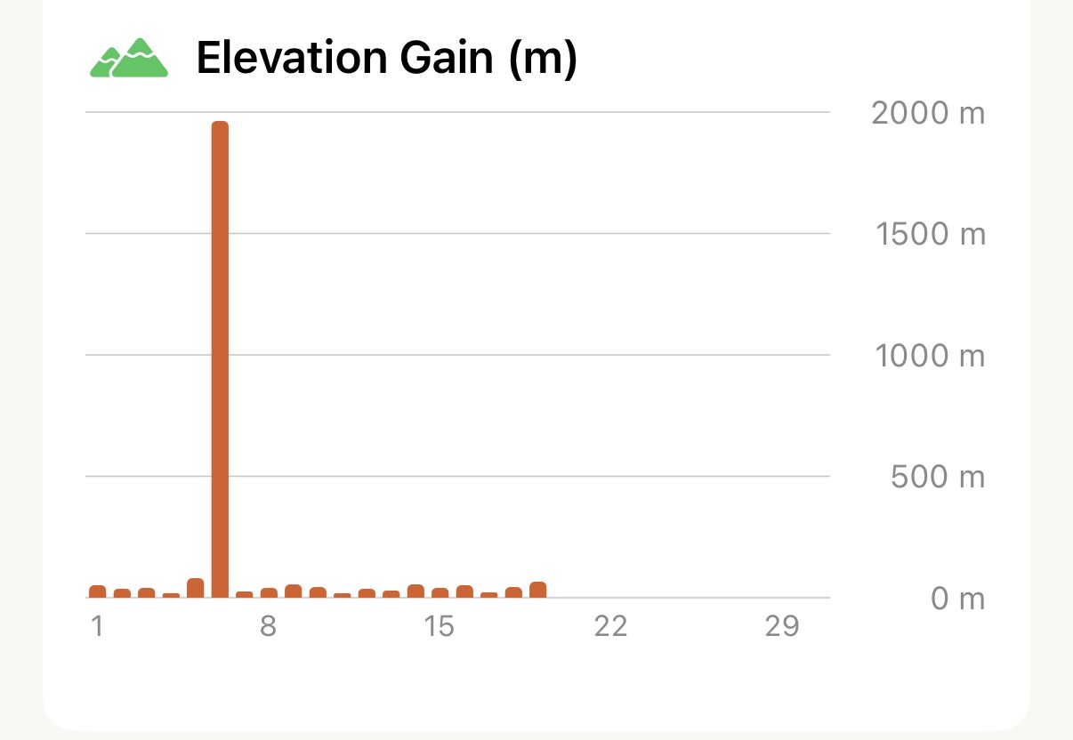 The Elevation Gain chart for a month in Apex Run Stats: a bar per day along the bottom, most of them under 100 m, and one bar on the 6th reaching almost 2000 m