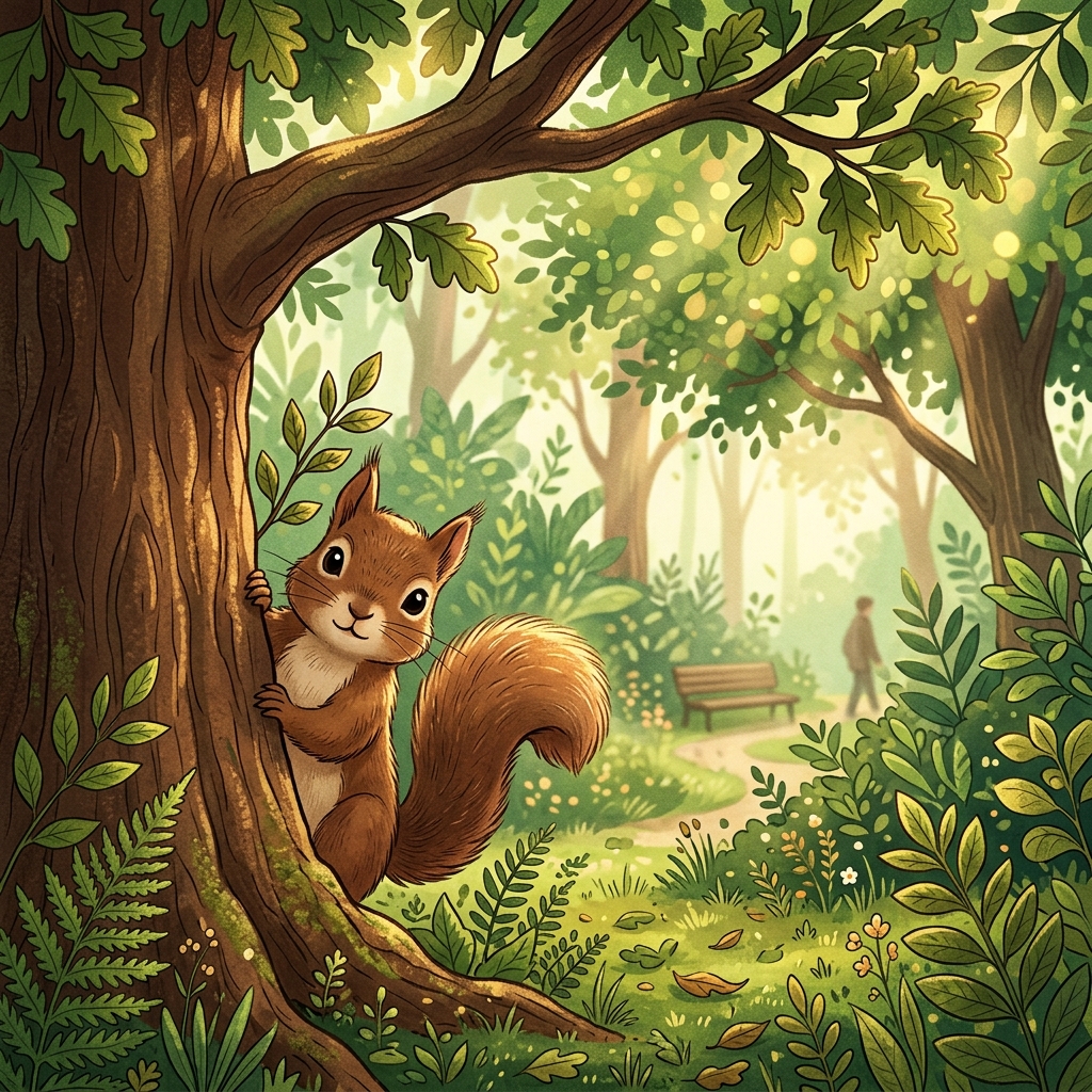 An illustration of a cute squirrel peeking from behind an oak tree on a sunny morning run