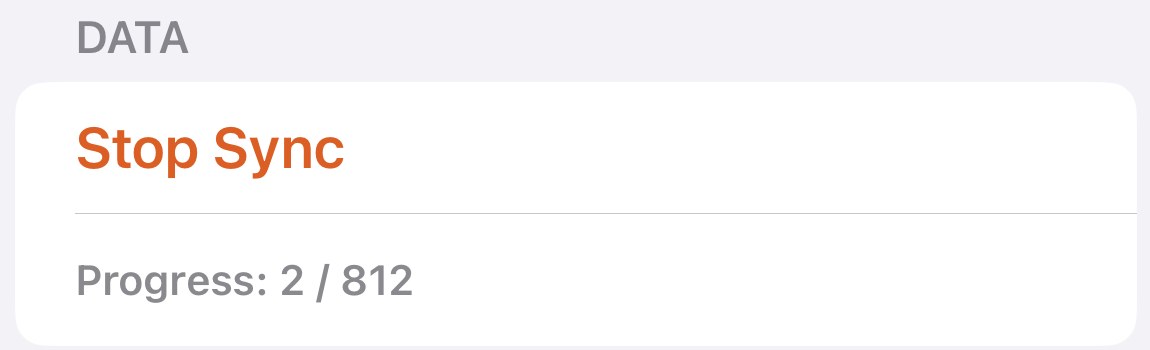 The Data section of Settings during an import: a Stop Sync button with the line Progress: 2 / 812 beneath it