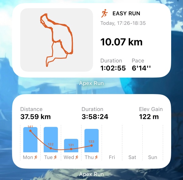 Apex Run iOS home screen widgets showing automatic post-run update with route map and weekly training consistency