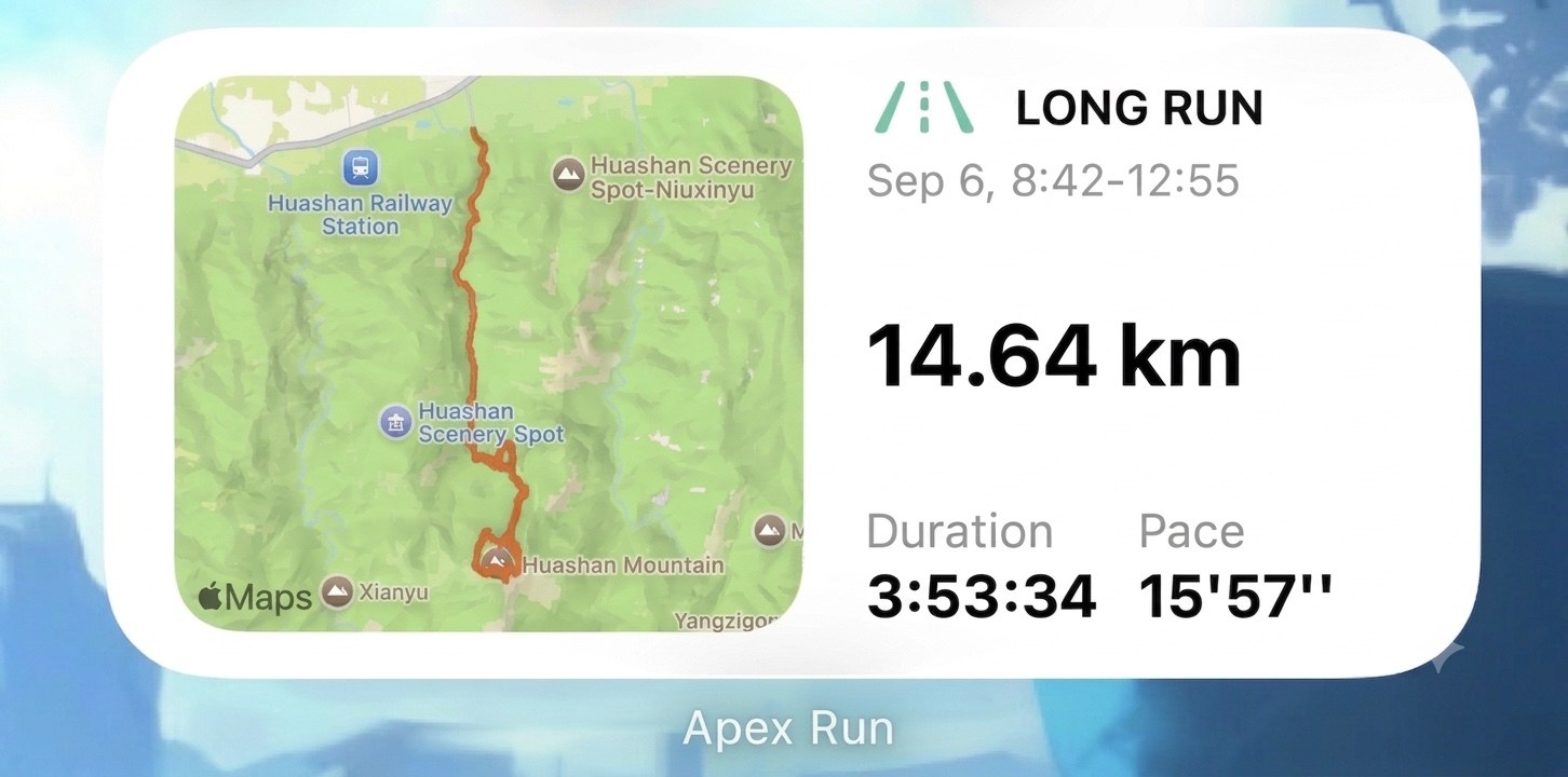 Apex Run's Latest Run widget on an iPhone Home Screen: the Mount Hua route on a map beside LONG RUN, Sep 6 8:42 to 12:55, 14.64 km, Duration 3:53:34 and Pace 15'57